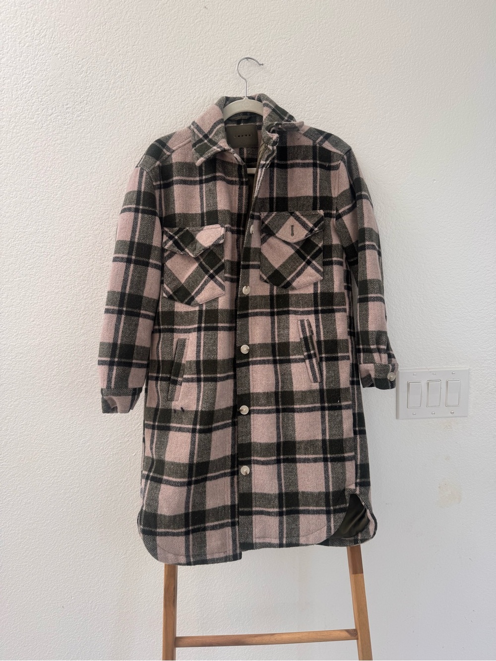 Blank NYC Pink and Black Plaid Long Trench Coat In XS Relaxed Fit Comfy Pockets